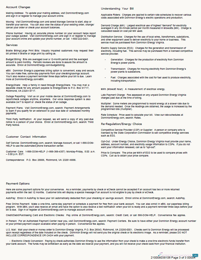 download USA Dominion Energy utility bill template in Word and PDF formats, 3 pages, 3rd page PDF template